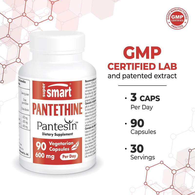 Supersmart - Pantesin Pantethine 600 mg per Day (Pantothenic Acid) - Active Vitamin B5 Supplement | Non-GMO & Gluten Free - 90 Vegetarian Capsules 90 Count (Pack of 1)