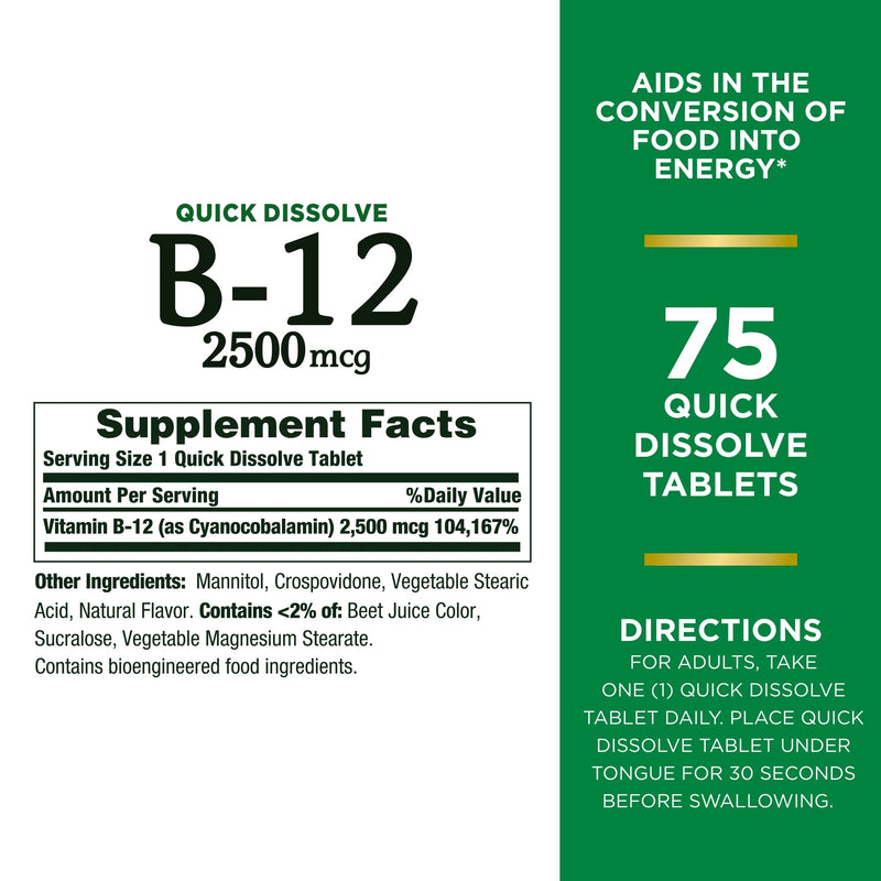 Nature’s Bounty Vitamin B12 2500 mcg, Cellular Energy Support, for Energy Metabolism, Heart & Nervous System Health, 75 Quick Dissolve Tablets Cherry 75 Count (Pack of 1)