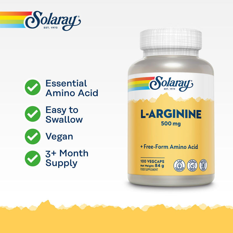 Solaray L‑Arginine 500mg – 100 Vegan Capsules – Pure Free‑Form Amino Acid – Gluten Free – Lab Verified