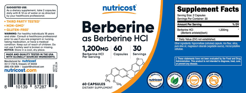 [Australia] - Nutricost Berberine HCl 600mg, 60 Vegetarian Capsules - Gluten Free & Non-GMO 60 Count (Pack of 1) 