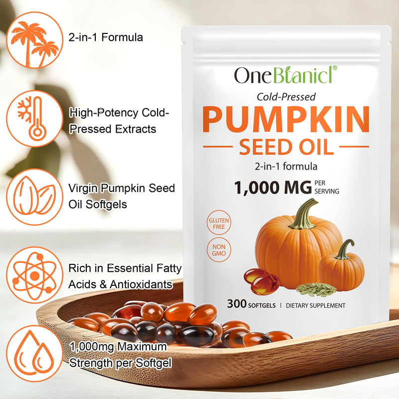 Pumpkin Seed Oil Capsules 1000mg per Serving, Cold Pressed Formula, Supports Prostate & Urinary Health, Hair Vitality, Rich in Essential Fatty Acids & Zinc, Vegan, Non-GMO, 300 Softgels