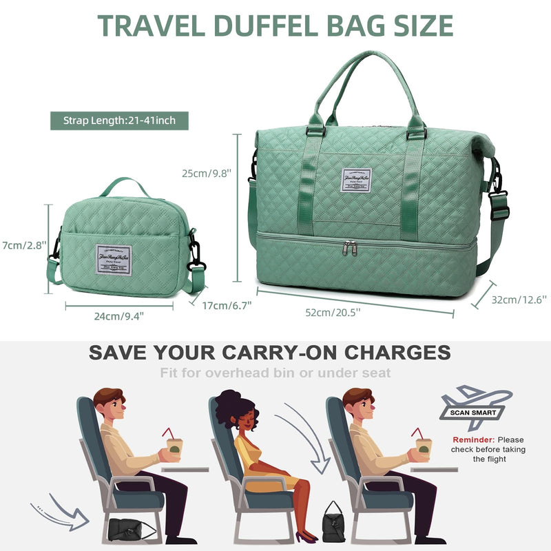 Weekender Bags for Women Travel Duffle Bag with Shoe Compartment Overnight Carry On Duffel Bag Gym Tote Bag with Toiletry Bag Light Green