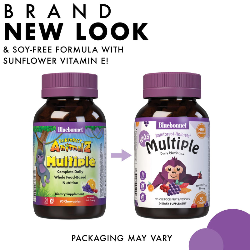 Bluebonnet Nutrition Rainforest Animalz Whole Food Based Multiple Chewable Tablets, Kids Multivitamin & Mineral, Vitamin C, D3, Iron, Gluten Free, Milk Free, Kosher, 90 Chewable Tablets, Mixed Flavors | Vegetarian, Kosher, Gluten-Free, Dairy-Free