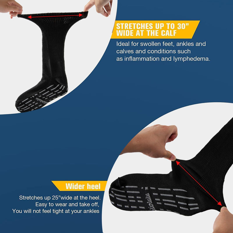 [Australia] - Extra Width Socks for Swollen Feet-4 Pairs Hospital Grip Socks,Bariatric Socks,Diabetic Socks for Women Men 13-15 Black 
