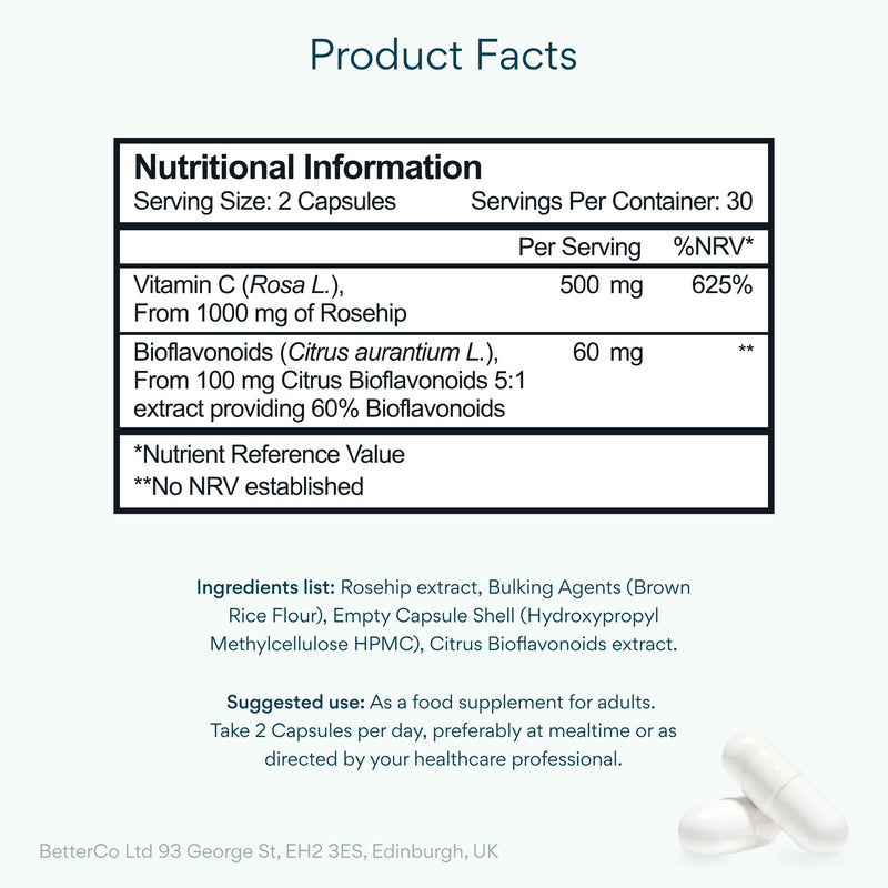 Bettervits Vitamin C Tablets 500mg with Bioflavonoids from Rosehip | Immune Support High Strength Vitamin C Supplements | Daily Wellness and Energy - 60 Capsules