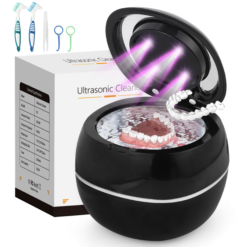 [Australia] - Ultrasonic Cleaner for Dentures, 42000HZ 180ml Ultrasonic UV Cleaner, 30W Ultrasonic Cleaner for Dentures, Aligners, Retainers and Mouth Guards (Black) Black 