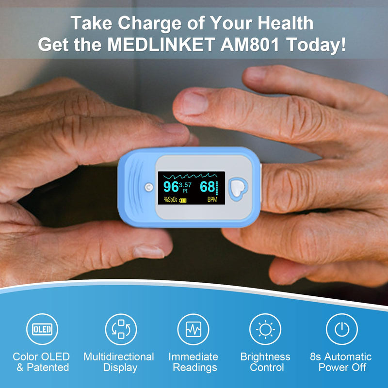 AM801 Pulse Oximeter, 5-in-1 Finger Oxygen Monitor, Measures Blood Oxygen, Temperature, Pulse Rate, Perfusion Index, Plethysmograph, OLED Display SpO2 Oxygen Reader with Storage Pouch