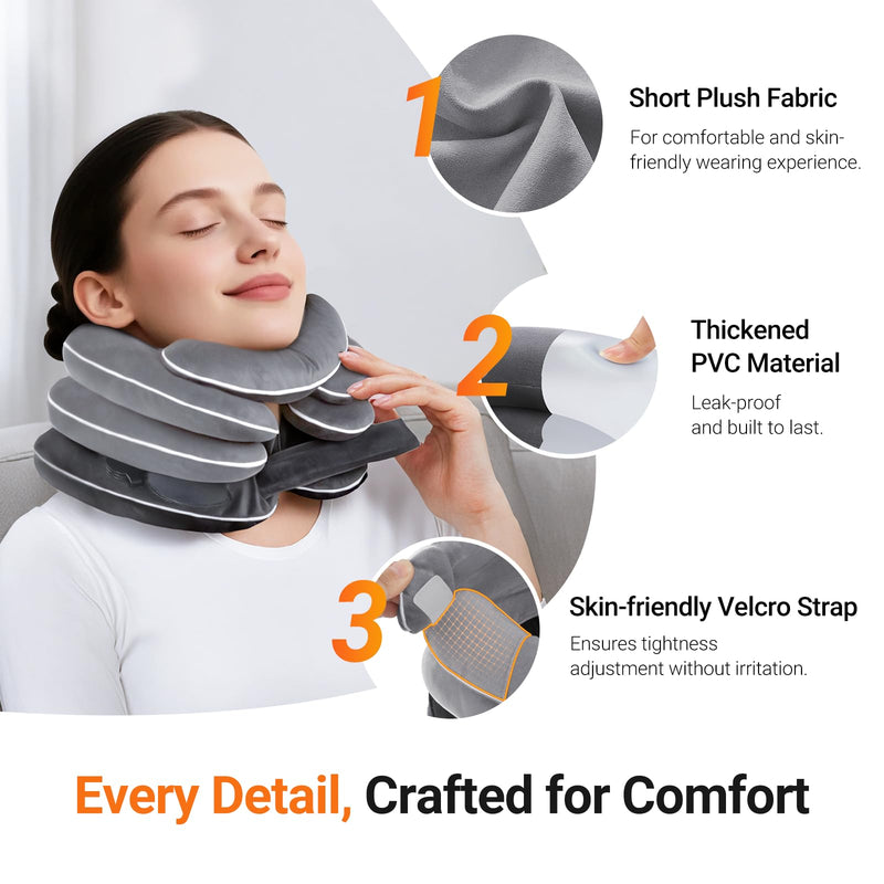 [Australia] - Built-in Inflatable Neck Stretcher, Cervical Traction Device with High-Front & Low-Back for Effective Traction and Support, Neck Decompression Devices with 3-Layer Chambers in Varied Sizes, Home Use Gray 