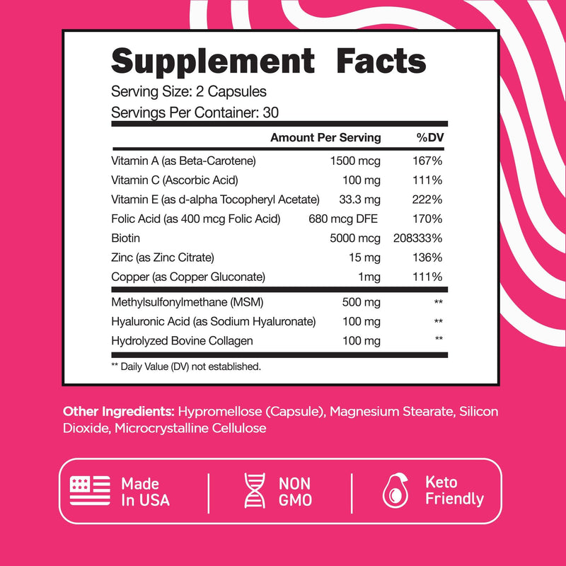 Vital Vitamins Biotin Complex with Collagen & Hyaluronic Acid | 5,000mcg Biotin, MSM & Vitamin C for Hair, Skin & Nails, Non-GMO, For Women & Men, 60 Capsules check 60 Count (Pack of 1)