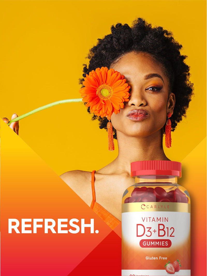 Carlyle Vitamin D3 + B12 Complex Gummies | 90 Count | Vegetarian, Non-GMO, and Gluten Free Formula | Strawberry Flavor Supplement | Vegetarian, Non-GMO, and Gluten Free Formula | Strawberry Flavor Supplement