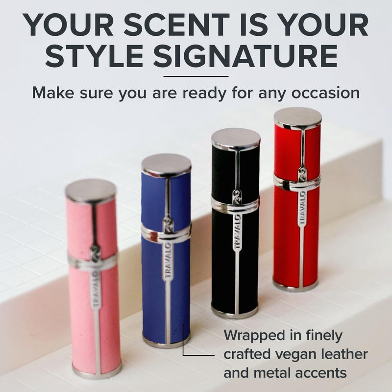 Travalo Milano Perfume Atomizer - Leak-Proof and TSA Approved for Air Travel - Reusable, Airtight, Easy Fill Mini Pump Sprayer - Lightweight, Vegan Leather with Polished Metal Outer Shell - Blue