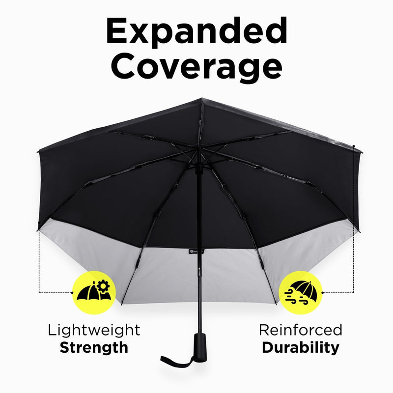DROPTOP Umbrella Travel Size - Windproof Travel Umbrella Compact | Portable Umbrella with Case & Strap, 46" Full Coverage for Self & Gear, Collapses to 11.5", PFAS-Free, Fiberglass Ribs Black