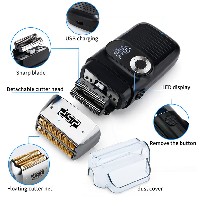 [Australia] - DSP® Electric Razor for Men Bald Shavers for Men 2 in 1 Double Shaver for Men with 2 Foil Head Rechargeable Barber Shaver with Precision Trimmer 3-Speed Shaver with LED Digital Display (Black) Shaver with LED Display 