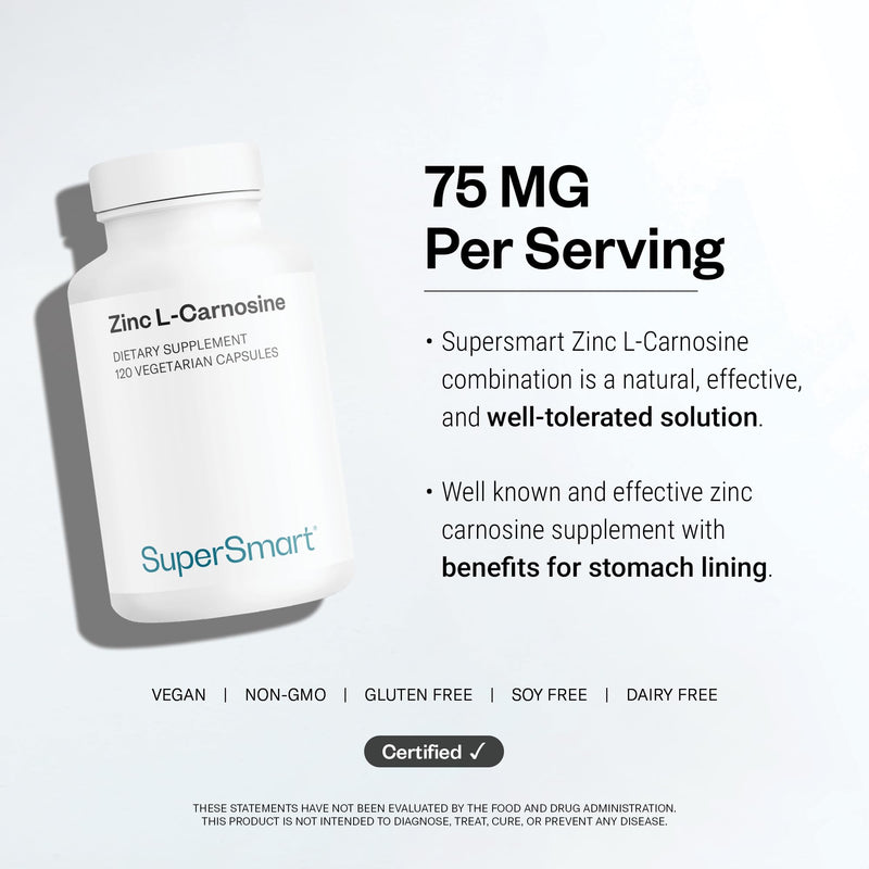 SuperSmart - Zinc L-Carnosine 75mg per Day (Well-Tolerated) - Zinc Carnosine Supplement | Non-GMO & Gluten Free - 120 Vegetarian Capsules