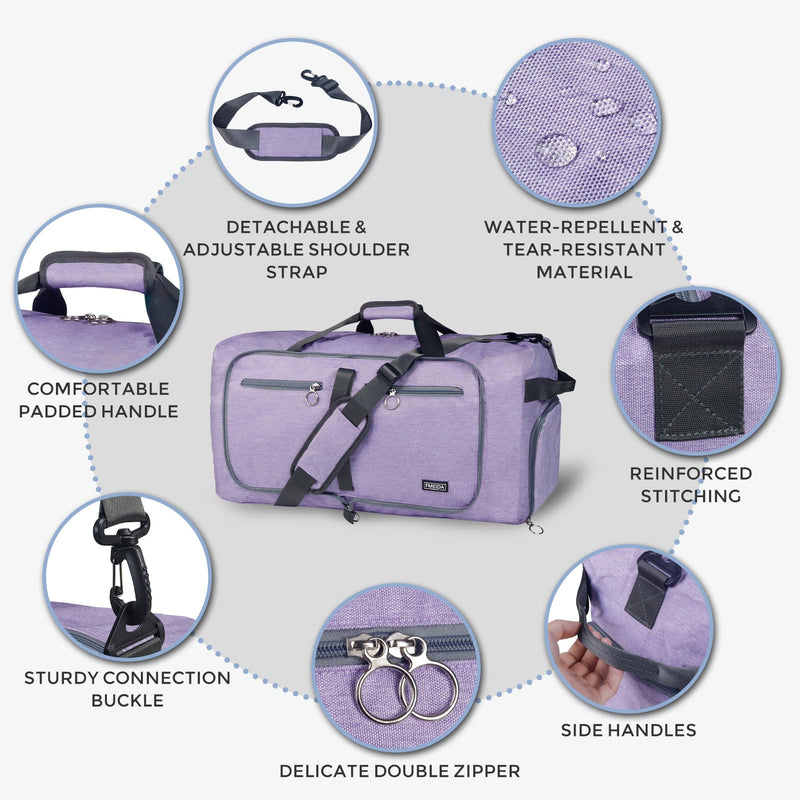 65L Duffle Bag Foldable Travel Duffel Bags for Men Women Travel Bag | Shoes Compartment, 65L Large Capacity, Foldable, Packable, Water Repellent, Tear Resistant, for Traveling Gym Overnight Camp Textured Purple