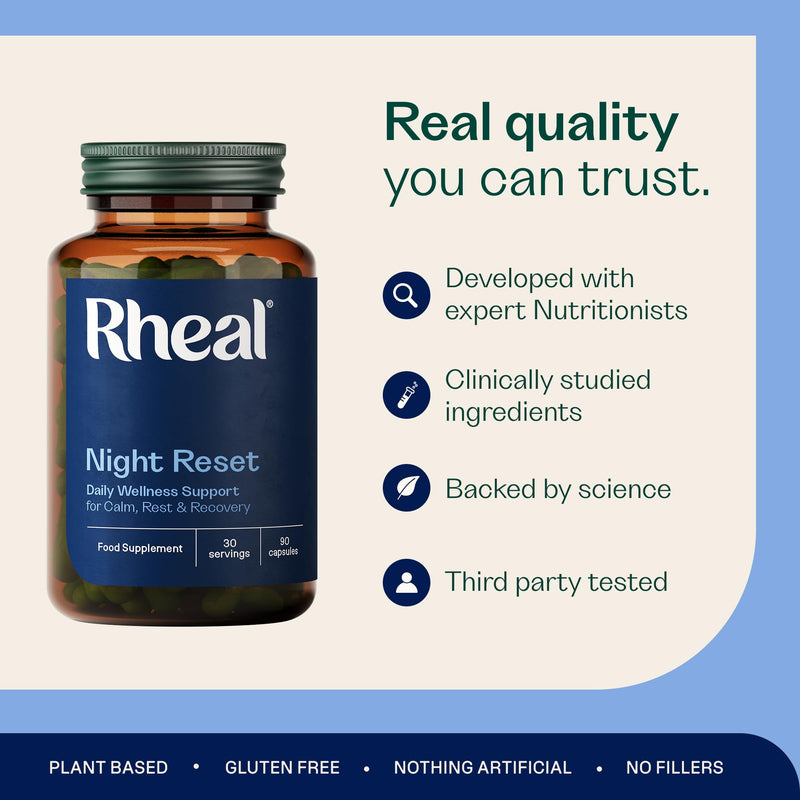 Rheal Night Reset – 90 Magnesium Capsules, Sleep Focused Formula with Magnesium Bisglycinate, Saffron, L‑Theanine & Chamomile to Support Relaxation & Restful Sleep (30 Servings)