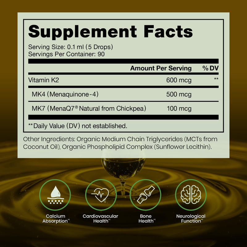 Liposomal Vitamin K2 Drops, MK-4 & MenaQ7 MK-7, 600 mcg, 10 mL 0.34 Fl Oz (Pack of 1)