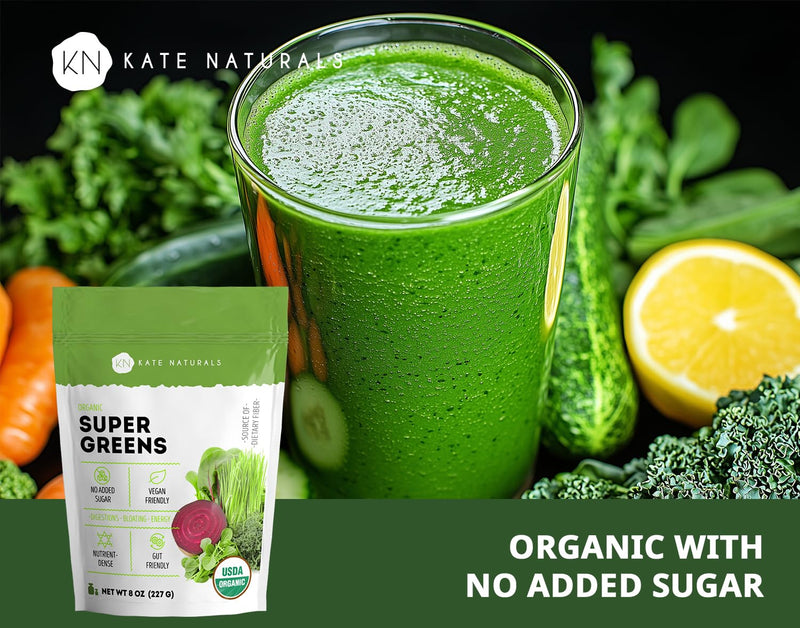 [Australia] - Kate Naturals Organic Super Greens Powder. Daily Greens Superfood Blend with Probiotics & Fiber for Smoothies and Juice (30 Servings, 8oz, Natural) 
