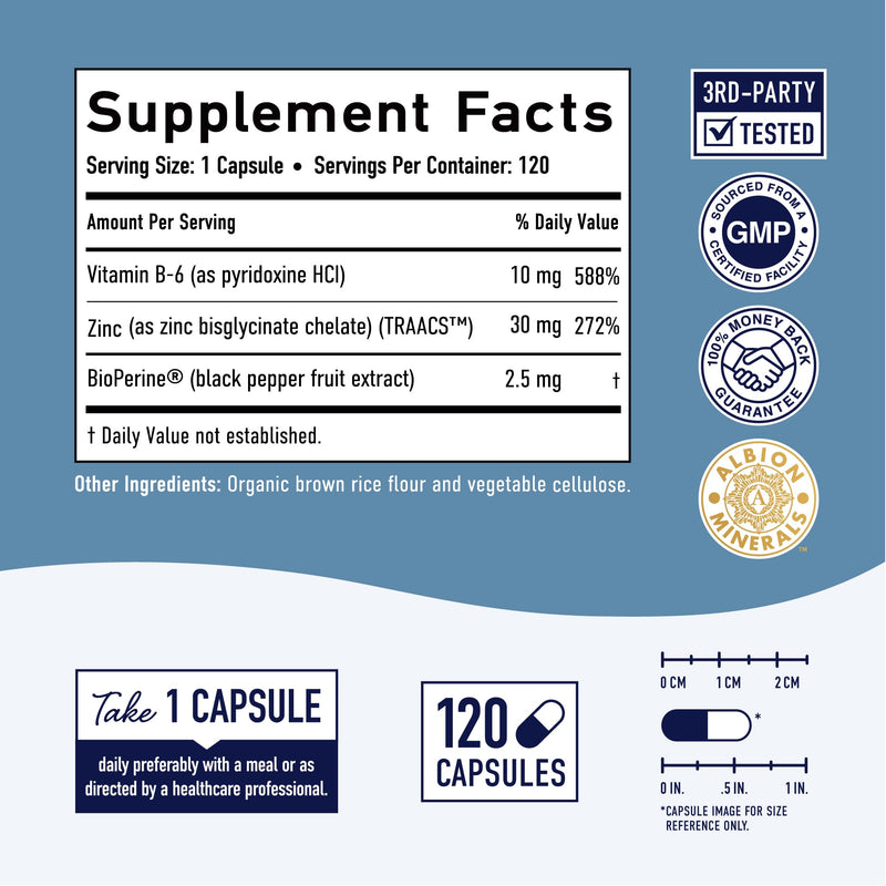 Chelated Zinc Supplements - Zinc Glycinate 30 mg (120 Capsules) Highly-Absorbable TRAACS Chelated with Vitamin B6 & BioPerine - Immune & Skin Health Support - Non-GMO, Gluten-Free - 4 Month Supply