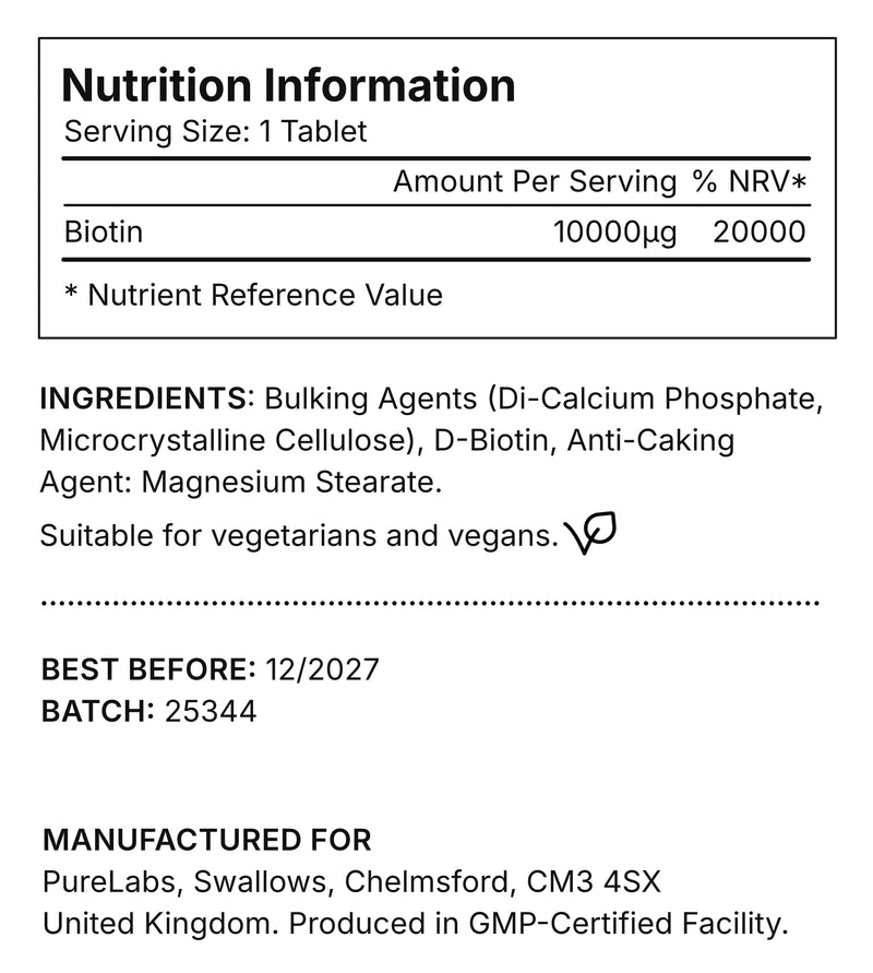 Biotin 10,000µg - High Strength Vitamin B7 for Hair, Skin & Nails - 120 Vegan Tablets - UK Made