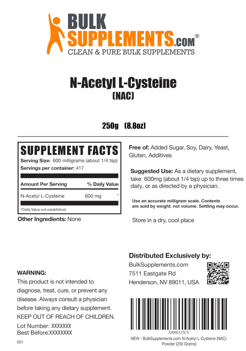 BulkSupplements.com NAC Powder - N-Acetyl Cysteine 600mg, NAC Supplement - Antioxidant Support, Gluten Free - 600mg per Serving, 417 Servings, 250g (8.8 oz) (Pack of 1) 417 Servings (Pack of 1)