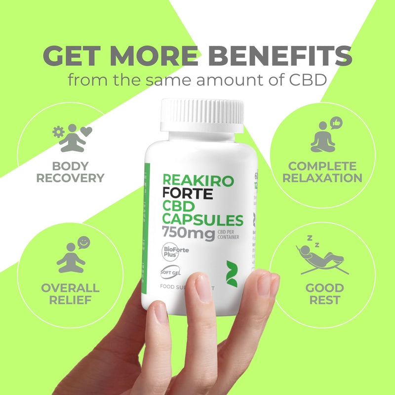 Reakiro Forte CBD Soft Gel Capsules 750mg 60pcs | Fast-Acting CBD Capsules with BioForte Plus | 12mg Cannabidiol Oil per Capsule I High Strength | Stress & Anxiety Relief