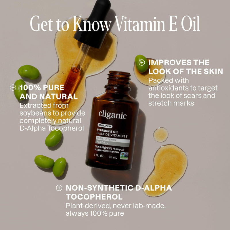 Cliganic Pure Vitamin E Oil for Skin, Scars, Hair & Face - 30,000 IU, Non-GMO Verified | Natural D-Alpha Tocopherol 1 Fl Oz (Pack of 1)