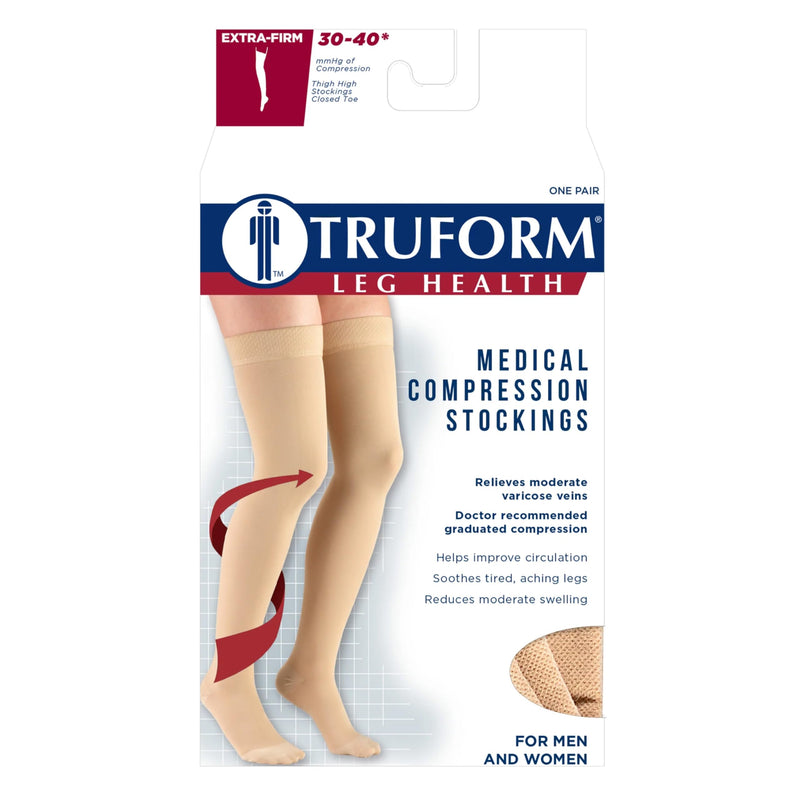 [Australia] - Truform 30-40 mmHg Compression Stockings for Men and Women, Thigh High Length, Dot-Top, Closed Toe, Black, Large Large (1 Pair) 