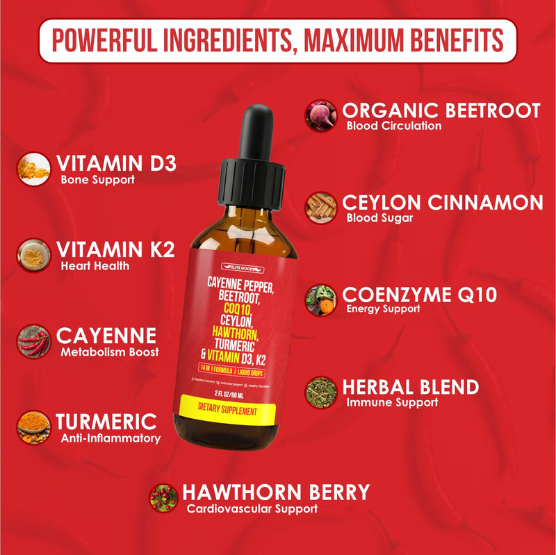 Cayenne Pepper Drops - Organic Supplement with Hawthorn Berry, Beet Root Powder, COQ10, Vitamin D3 & K2, Ceylon Cinnamon, Turmeric, Ginseng & Berberine - 60 ml (2 Packs) 1 Fl Oz (Pack of 2)