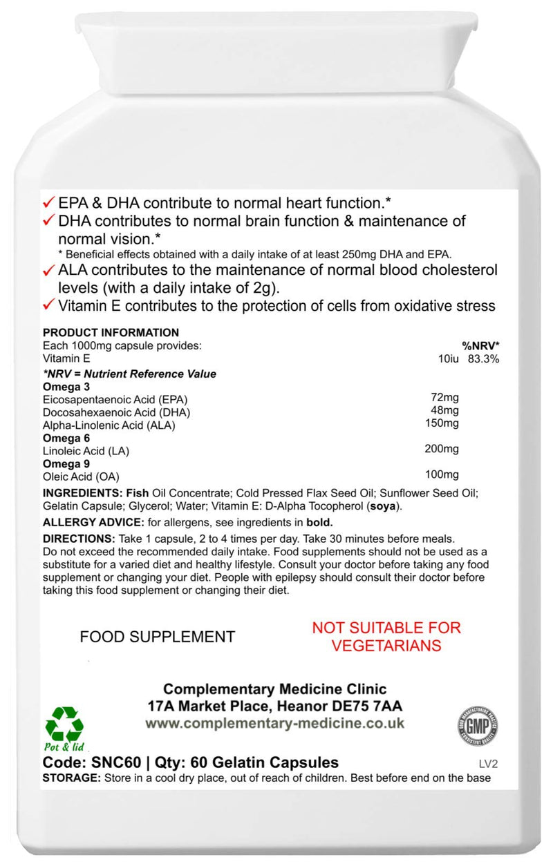 Omega 3-6-9 - MAX Strength 1000mg - Healthy Heart & Cholesterol Formula - Sunflower Seed, Flaxseed and Fish Oil with VIT E - 60 Capsules