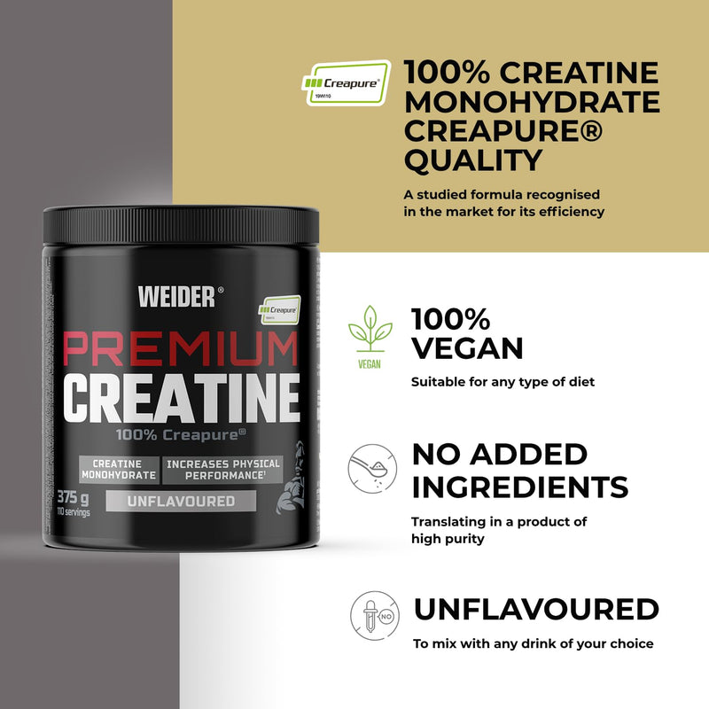 Weider Premium Creatine (375g) UnFlavoured. 100% Pure Creatine Monohydrate Creapure, No Sugar, no additives, Vegan, Increases Physical Performance (110 Servings)