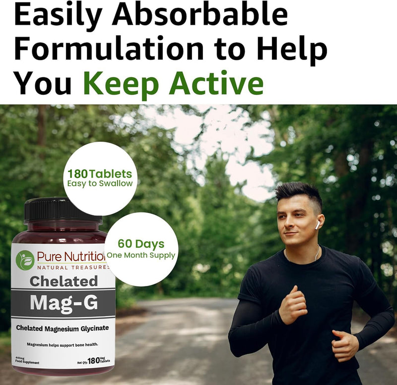 Pure Nutrition MagG - Chelated Magnesium glycinate Supplement | 180 Tabs | 440mg Elemental Magnesium | High Absorption Supplement to Support Overall Well Being