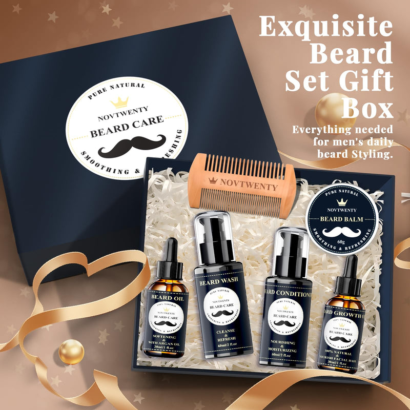 [Australia] - NOVTWENTY Beard Growth Set - 7-piece beard care set for men, including beard wash, beard oil and beard growth oil, beard conditioner, beard balm, beard comb, gift box set for boyfriend, husband, father 