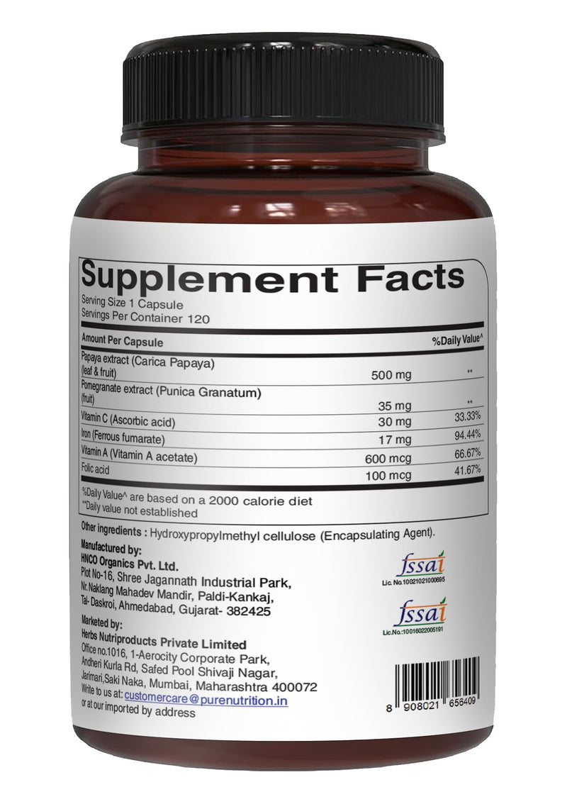 [Australia] - Pure Nutrition Papaya Complete | 120 Caps | Carica Papaya Leaf Extract with Iron, VIT C, VIT A & Folic Acid | Supports Platelet Immunity & Digestion Non-GMO | Gluten-Free 120 Count (Pack of 1) 