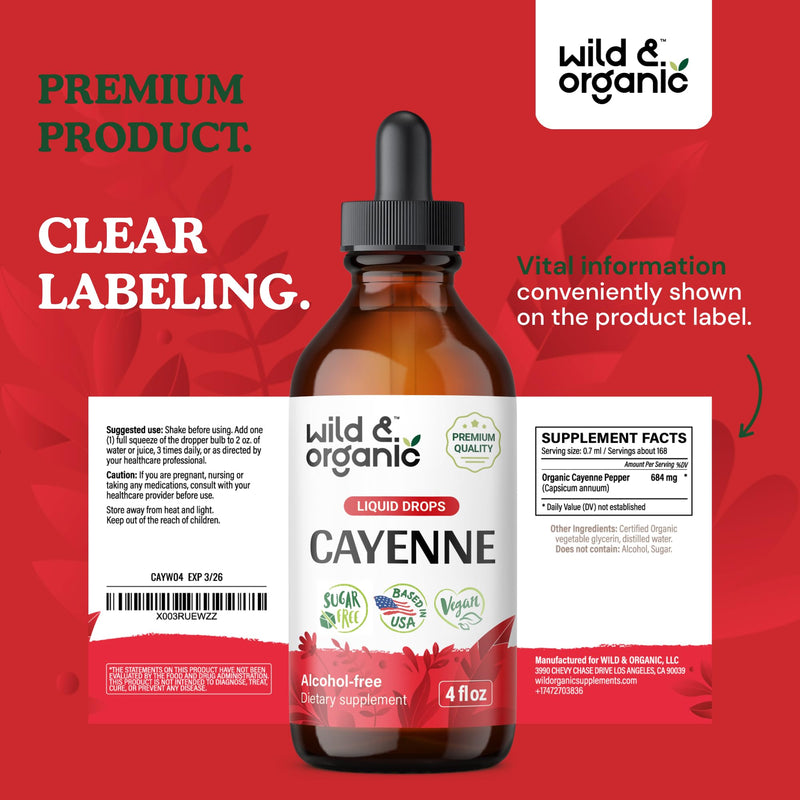 [Australia] - Wild & Organic Cayenne Pepper Tincture - Digestive Support with Capsaicin Extract - Cayenne Pepper Liquid Drops for Overall Well-Being - Vegan, Sugar & Alcohol-Free - 4 fl oz 4 Fl Oz (Pack of 1) 