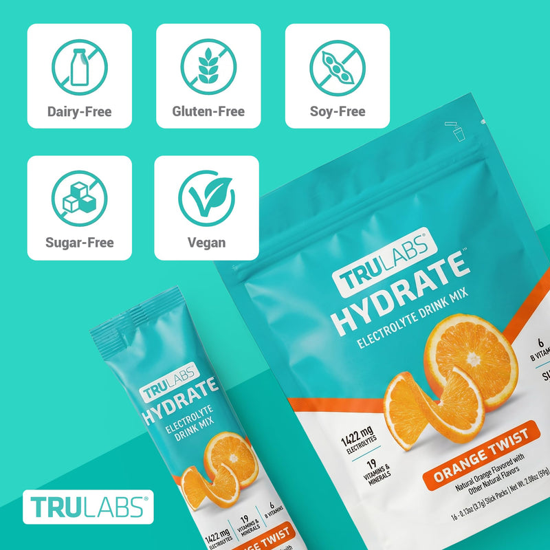 TRULABS Hydrate Electrolyte Drink Mix – Orange Twist Flavor, Sugar-Free Hydration Packets with 1422 mg Electrolytes & 19 Vitamins & Minerals, Monk Fruit Sweetened, On-the-Go Sticks (16 Count)