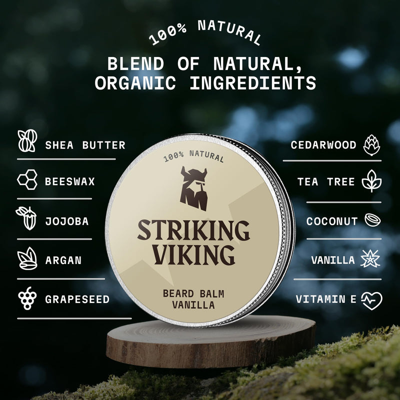 [Australia] - Striking Viking fragrance-free beard balm from Viking - styles, strengthens and softens beards and mustaches - 100% natural beard care with organic shea butter, tea tree, argan and jojoba oil (vanilla) vanilla 