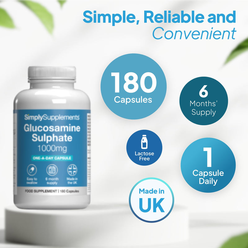 Glucosamine Sulphate 2KCl 1000mg | Designed for Active Lifestyles | 180 Capsules = 6 Months’ Supply | Convenient One-a-Day Formula | GMP-Certified & UK-Made Unflavoured 180 count (Pack of 1)