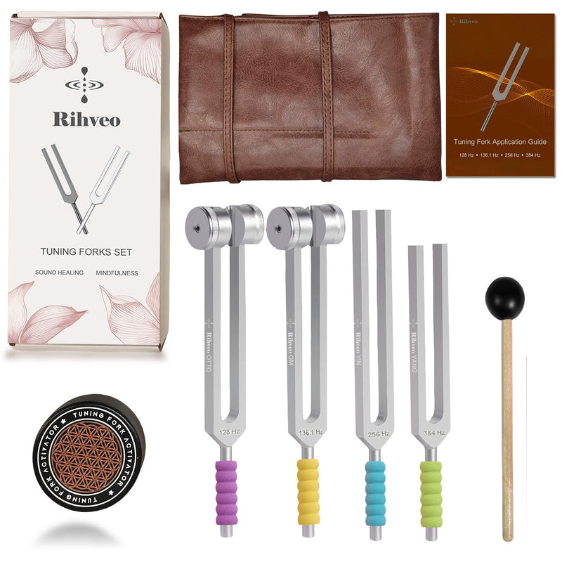 [Australia] - Tuning Forks for Healing Set (128Hz, 136.1Hz, 256Hz, 384Hz) with Activator & Reflex Hammer, Sound Therapy Instruments for Chakra/Yoga/Meditation, Frequency Healing Devices in Vegan Leather Pouch 
