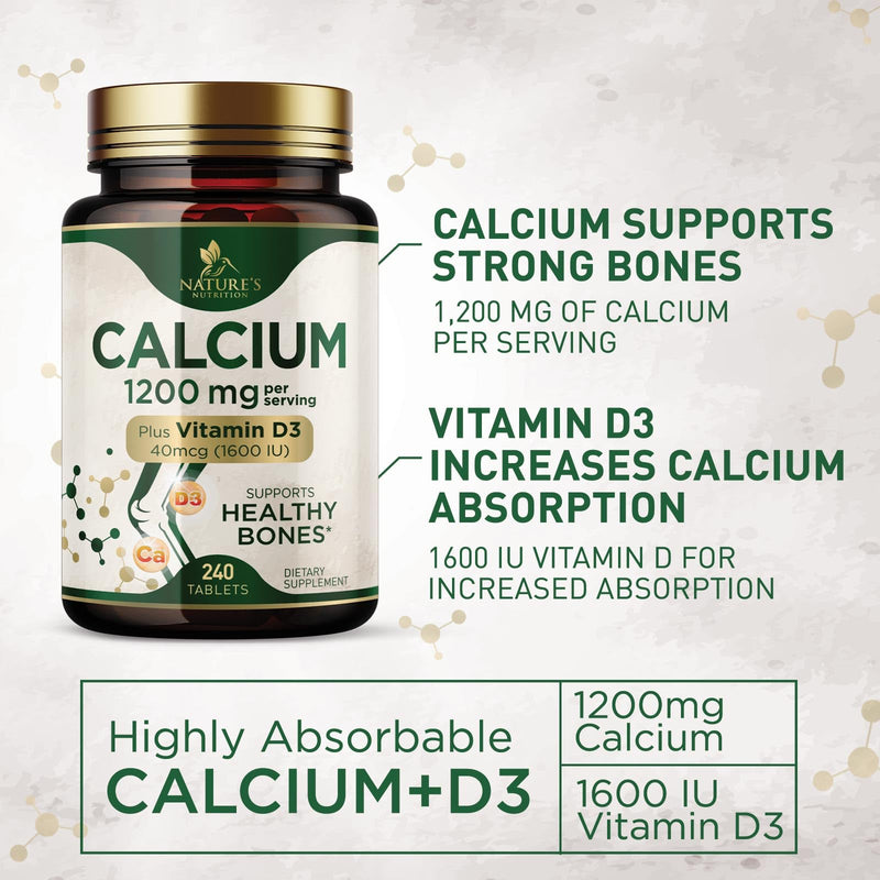 [Australia] - Calcium 1200 mg with Vitamin D3, Calcium Supplement Vitamins, Supports Bone Strength, Teeth & Immune System, Calcium Supplements for Women & Men, Nature's Absorbable Calcium Carbonate - 240 Tablets 240 Count (Pack of 1) 
