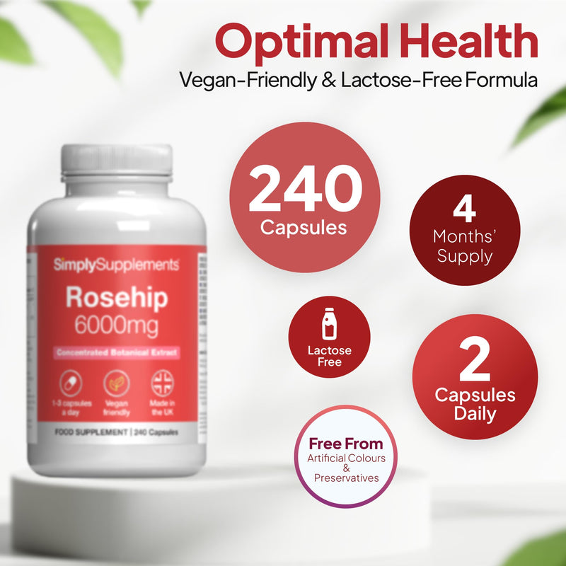 Rosehip Extract 6000mg with Vitamin C | Supports Joint Health & Skin Wellness | Vegans and Vegetarians Friendly | 240 Capsules = 80 Days' Supply | Made in The UK in Accordance with GMP Standards Unflavoured 1 count (Pack of 240)