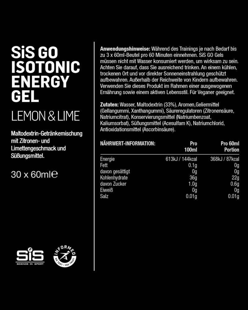 [Australia] - Science in Sport GO Isotonic Energy Gel 30 x 60ml Lemon Lime, Vegan - Isotonic formulation with 22g carbohydrates, good energy supplier, alternative for isotonic drinks Lemon Lime 30 x 60 ml 