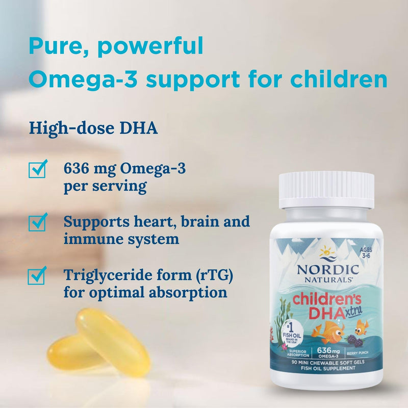 Nordic Naturals Omega 3 Children's DHA Xtra, 636mg Kids Omega 3 Fish Oil for Kids, with EPA and DHA, 90 Softgels, Lab-Tested, Vegetarian, SOYA Free, Gluten Free