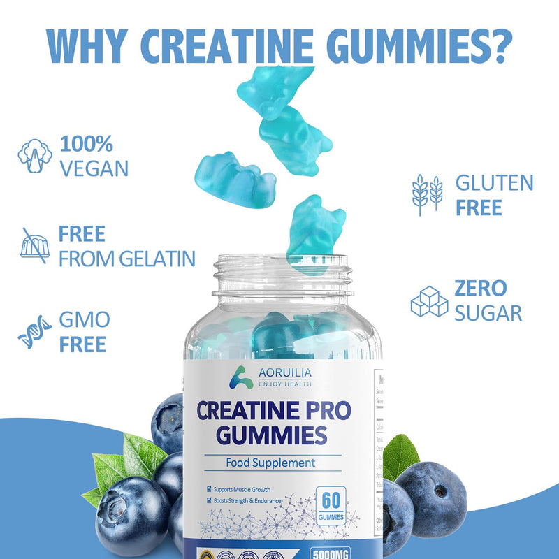 Creatine Gummies for Men & Women 5000mg 60 Chewable Creatine Monohydrate Gummies for Muscle Strength & Growth Sugar Free Pre-Workout Supplementm Vegans Gym (Blueberry Flavour) 60 count (Pack of 1)