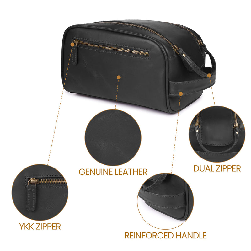 Full Grain Leather Toiletry Bag for Men & Women – Water-Resistant Travel Shaving Kit Organizer with YKK Zipper, Spacious Bathroom Grooming & Cosmetic Storage Case - Black