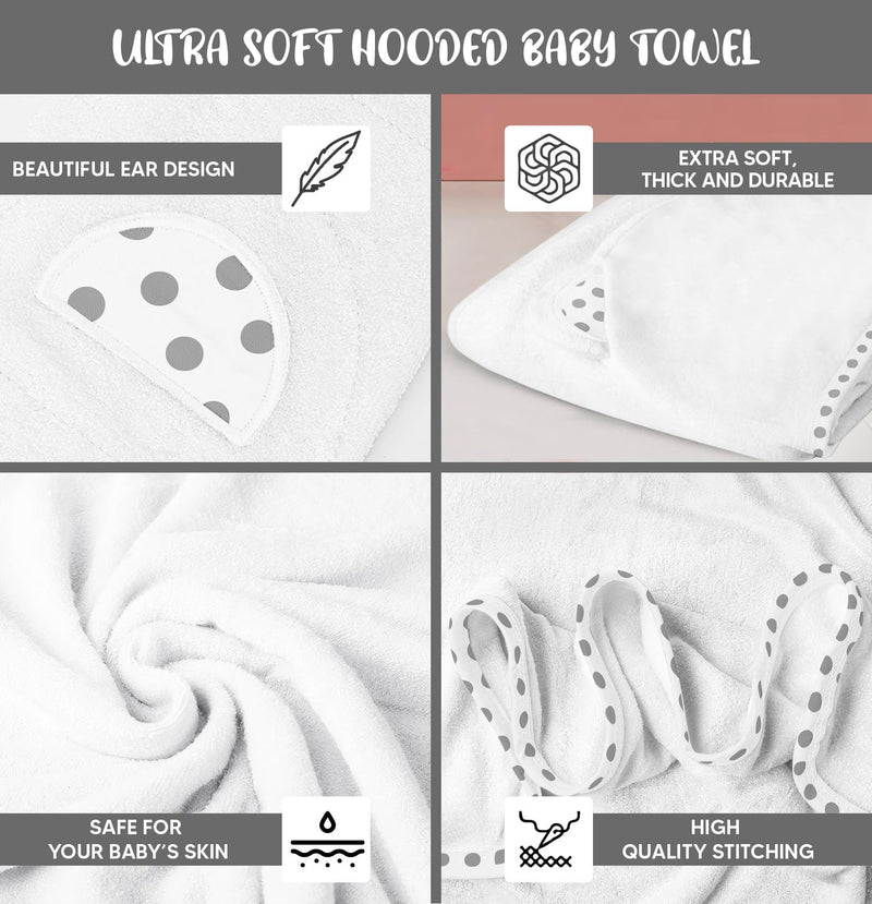 Set of 2 Hooded Baby Towels – White and Grey – Luxurious, Large and Super Absorbent – 30 x 30 Inch – Soft and Suitable for Infants, Toddlers and Kids – 400 GSM