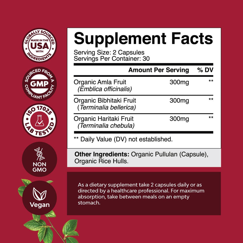 [Australia] - Digestive Triphala Capsules Organic Complex - Organic Triphala Colon Cleanser & Detox Digestive Health Supplement - Ayurvedic Complex for Gas Bloating & Constipation Relief for Women & Men (1 Month) 