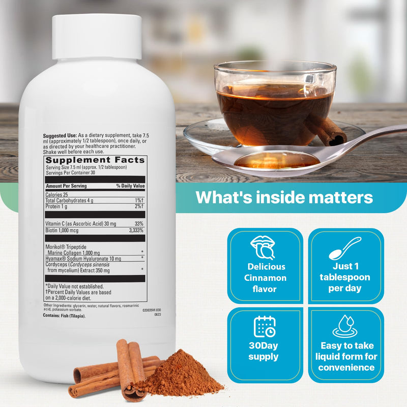Liquid Collagen for Women and Men - 1000mg Hydrolyzed Peptides with 15% Tripeptides | Fast-Absorbing Anti-Aging Formula for Skin Renewal, Hair Growth and Joint Support | 30-Day Supply Cinnamon Flavor