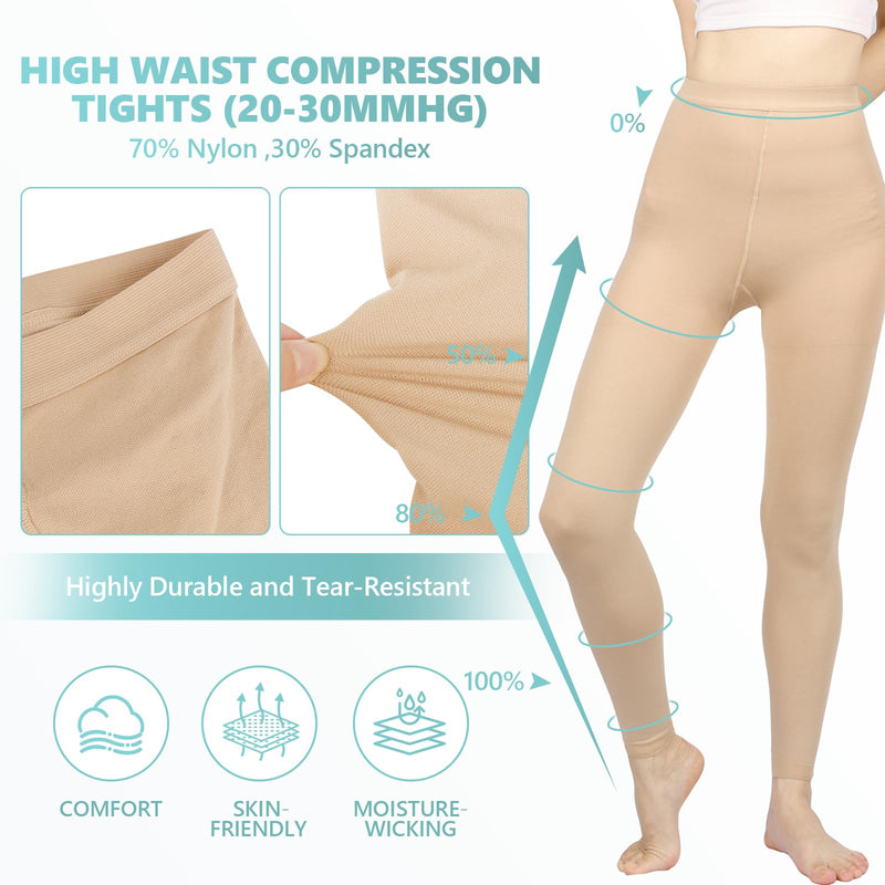 [Australia] - Compression Pantyhose for Women, 20-30 mmHg Footless Medical Compression Stockings, Waist High Opaque Graduated Support Compression Hose Tights for Edema, Varicose Veins, Swelling Beige Large 