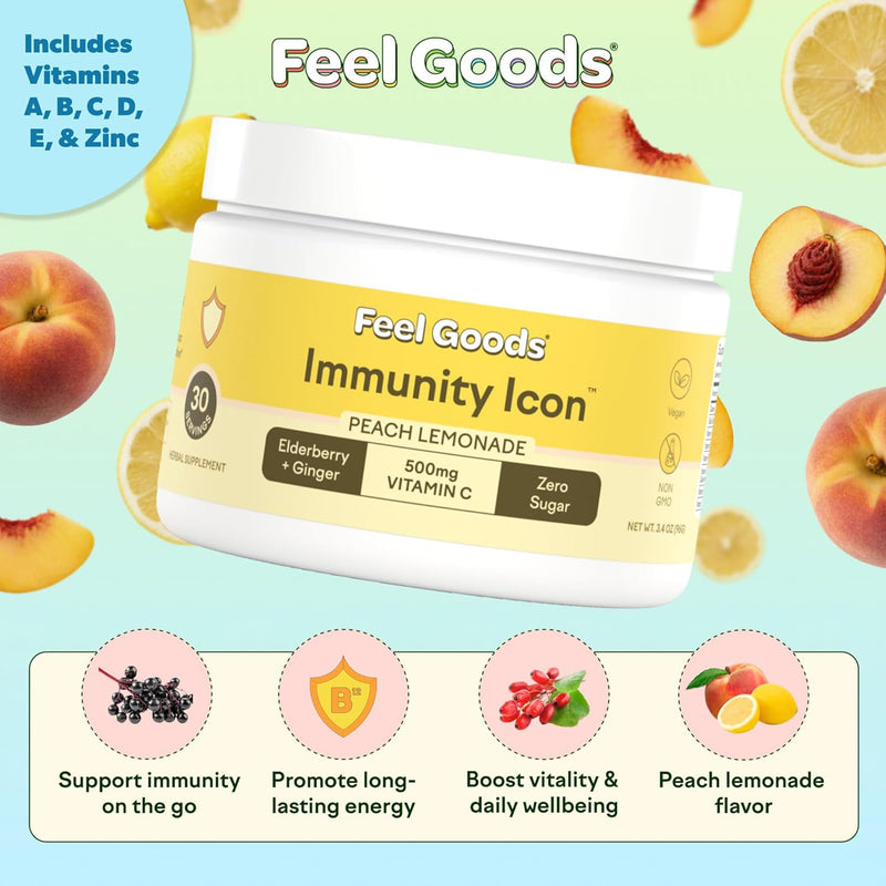 Feel Goods Immunity Icon, Vitamin C Immune Support Powder, 30 Servings | Immunity Plus, 500mg Vitamin C, Elderberry, Ginger, Turmeric, Vitamins for Immune Health, Sugar-Free, Caffeine-Free Drink Mix 30 Servings (Pack of 1) Peach Lemonade